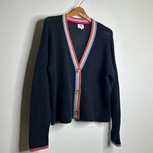 Sundry Merino Wool Cashmere Navy Blue Varsity Button Down Cardigan Sweater 2/M